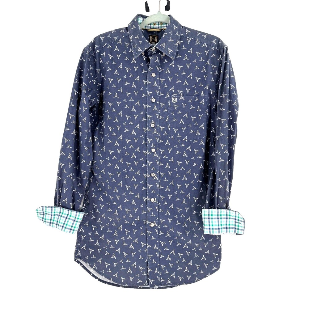 Noble Outfitters Western Shirt Mens Small Blue Flip Cuff Bullhead Skeleton Rodeo